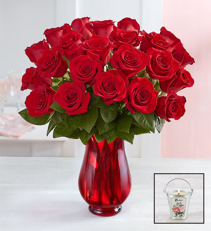 Two Dozen Red Roses + Free Candle