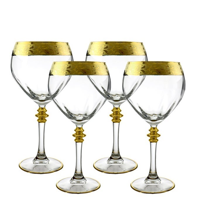 4 PC Gold Trim Wine Glass Set
