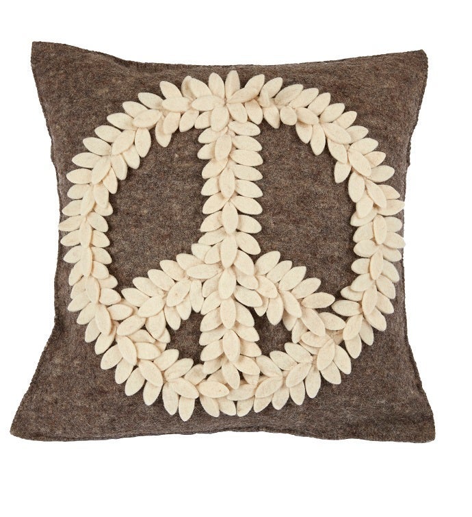 Cream Peace Sign on Gray Pillow Cover