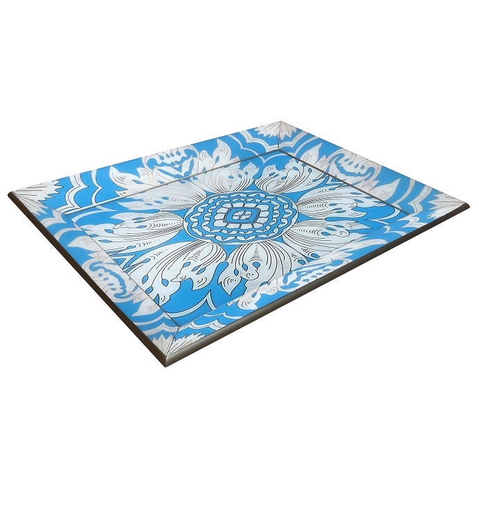 Handmade Reverse Painted Mirror Tray in Sky Blue - Medium