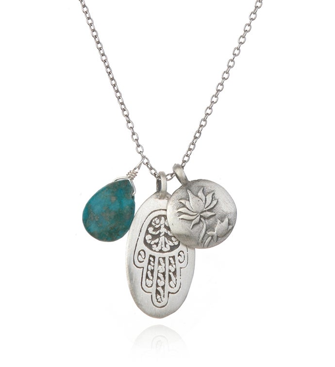 Turquoise Silver Hamsa Lotus Charm Necklace