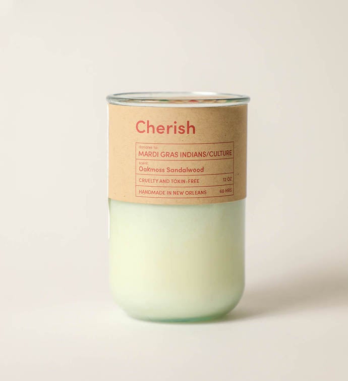 Cherish   Oak Moss Scent Candle, Gives To Mardi Gras Indians & Culture