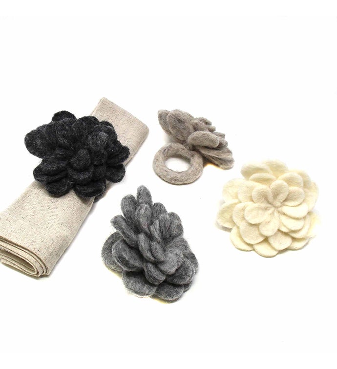 Handcrafted Felt Zinnia Napkin Rings, Neutral Mix Colors  Set Of 4