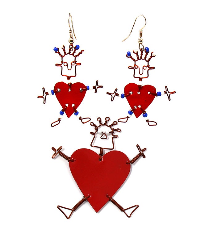 Recycled Tin Dancing Red Heart Pin & Earring Set (Kenya)