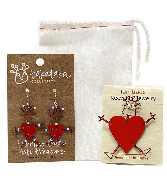 Recycled Tin Dancing Red Heart Pin & Earring Set  Kenya