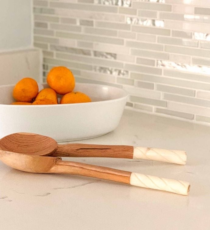 Hand-Carved Olive Wood Serving Set With Bone Handles