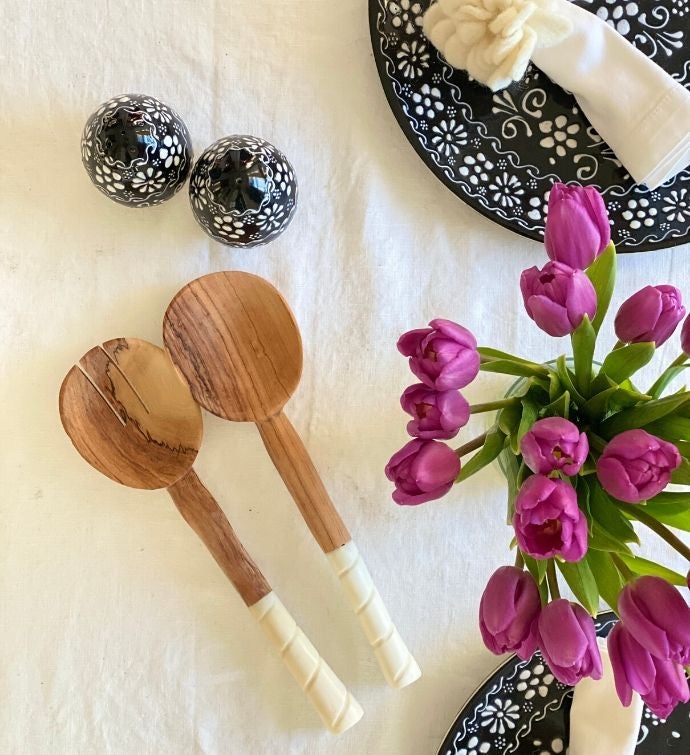 Hand-Carved Olive Wood Serving Set With Bone Handles