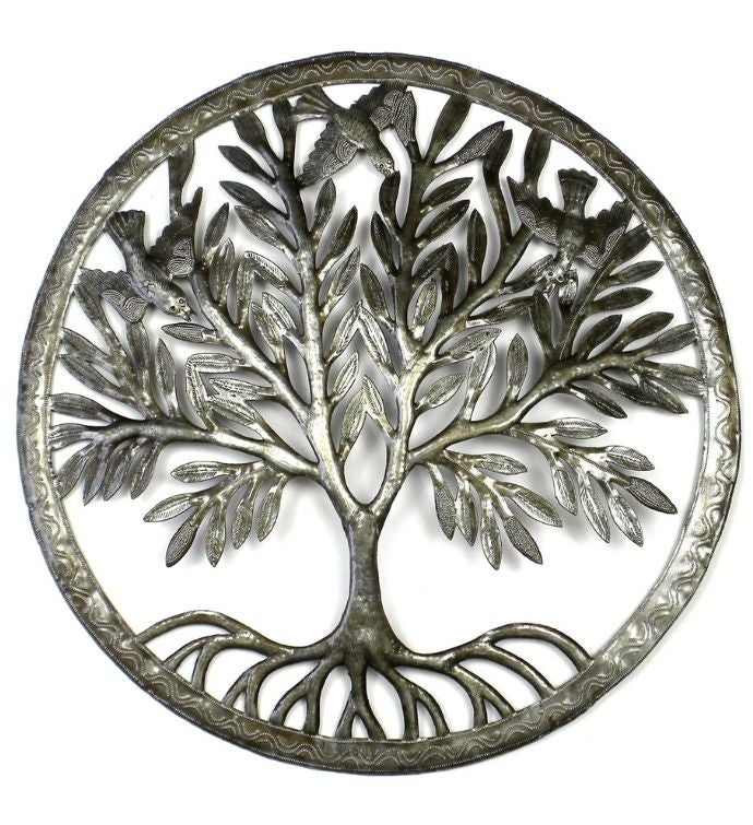 Recycled Steel Haitian Metal Art Rooted Tree Of Life With Birds, 23"