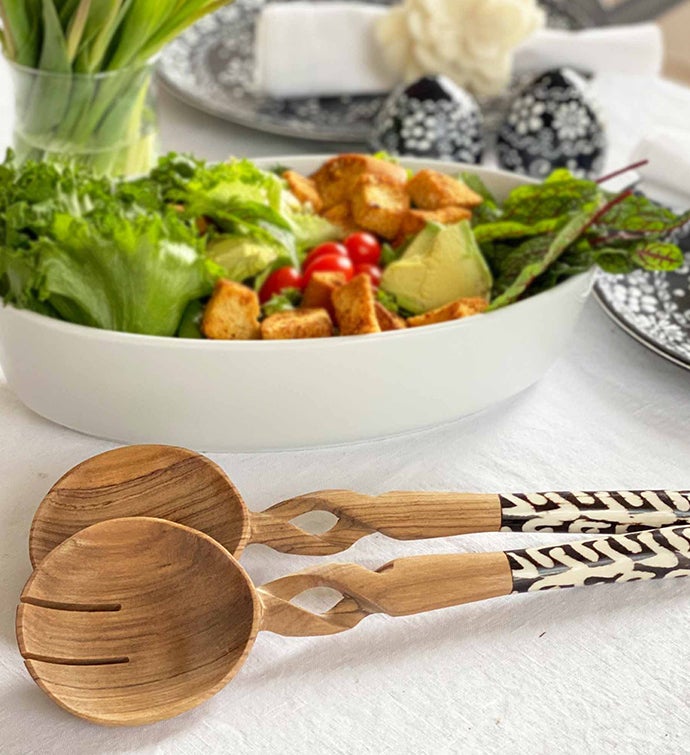 Hand-Carved Olive Wood Serving Set With Bone Handles