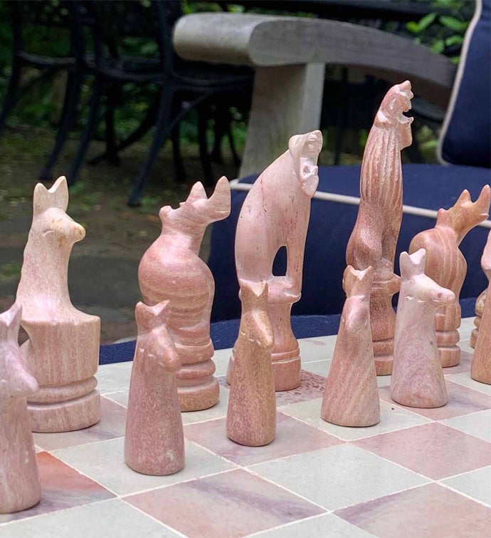 Hand-carved Soapstone Chess Set, Animal Pieces