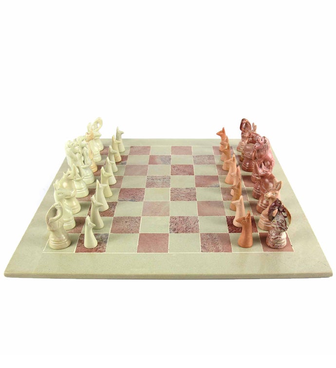 Hand carved Soapstone Chess Set, Animal Pieces