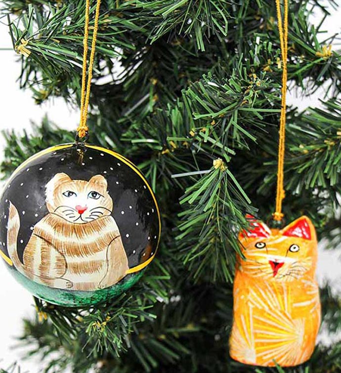 Handpainted Papier mâché Cat Ornaments  Set of 2