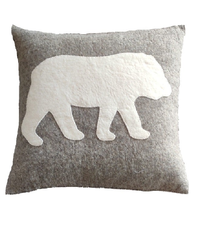 Cream Bear Silhouette On Gray Hand Felted Wool Pillow