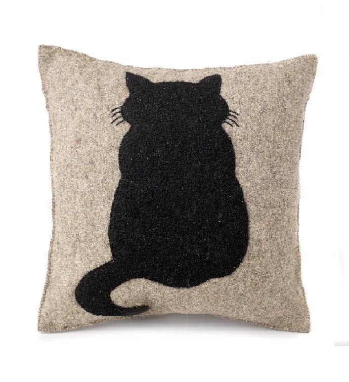 Cat On Gray Handmade Pillow in Hand Felted Wool