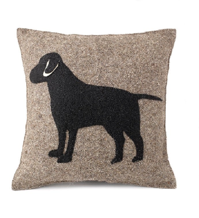 Black Lab On Gray Handmade Pillow in Hand Felted Wool