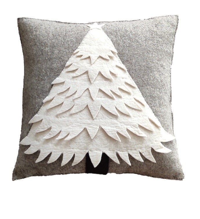Cream Tree On Gray Hand Felted Wool Christmas Pillow