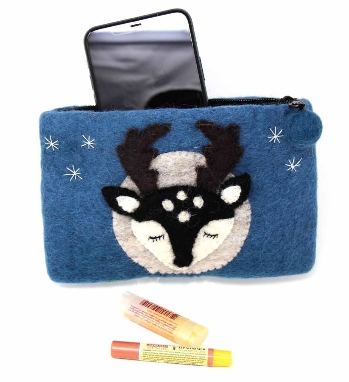 Handmade Starry Night Stag Felt Zipper Pouch