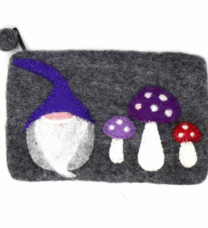 Handmade Gnome & Mushrooms Felt Zipper Pouch