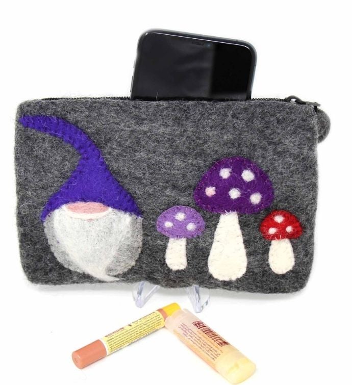 Handmade Gnome & Mushrooms Felt Zipper Pouch