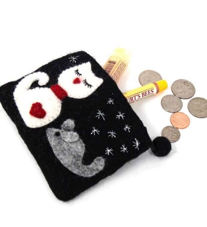 Handmade Cat & Mouse Felt Coin Purse