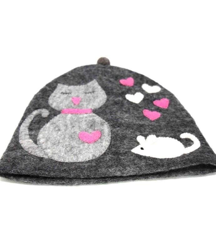 Handmade Felt Cat & Mouse Tea Cozy