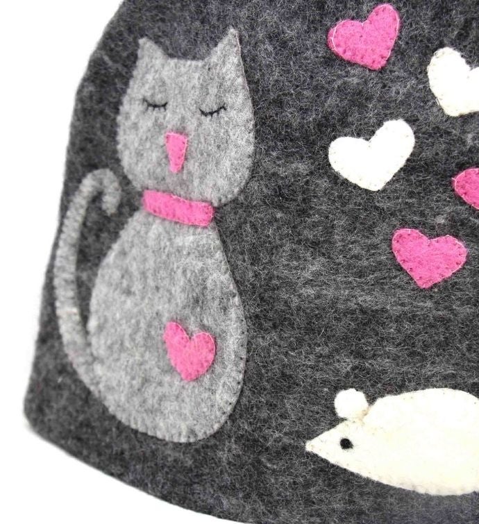 Handmade Felt Cat & Mouse Tea Cozy