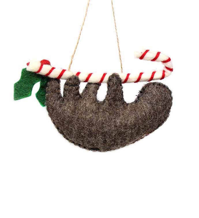 Sloth On Candy Cane Felt Ornament