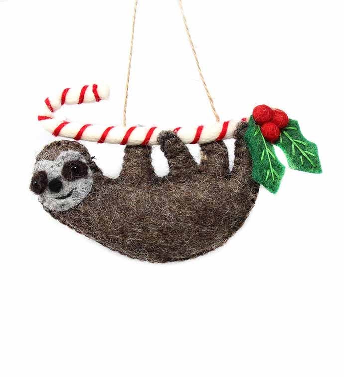 Sloth On Candy Cane Felt Ornament