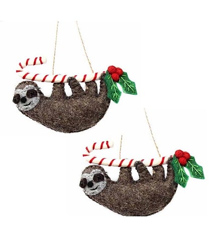 Sloth On Candy Cane Felt Ornament