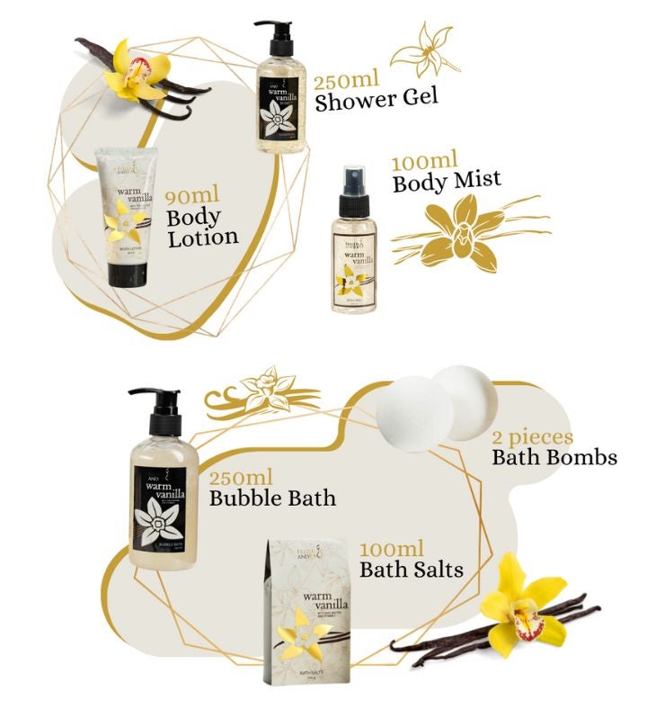 Warm Vanilla Fragrance Bath & Body Gift Set in Gold Basket