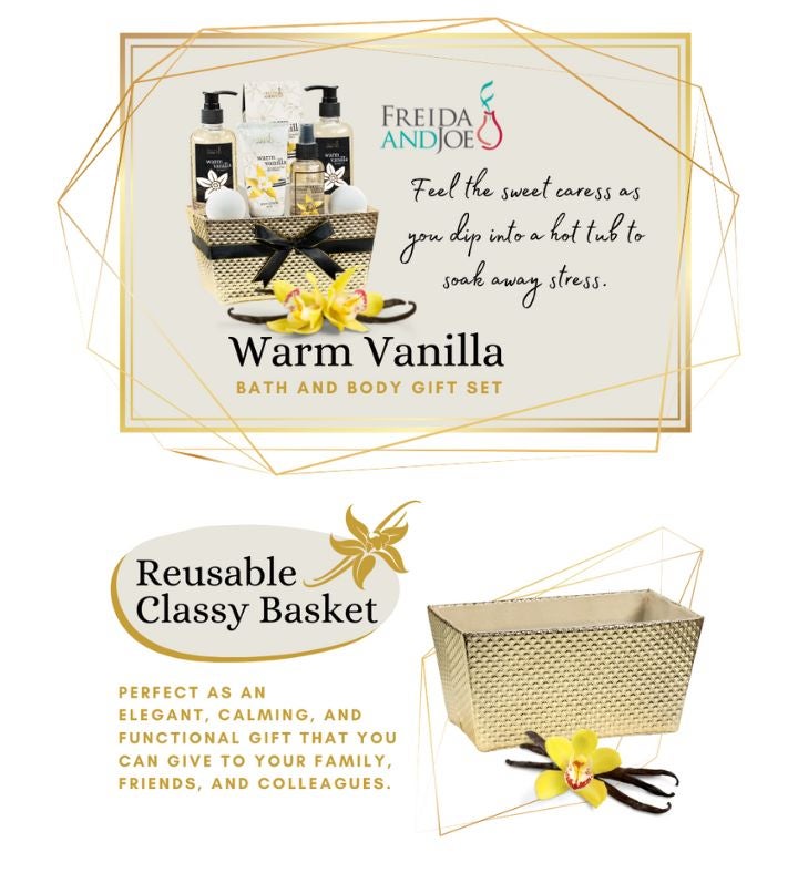 Warm Vanilla Fragrance Bath & Body Gift Set in Gold Basket