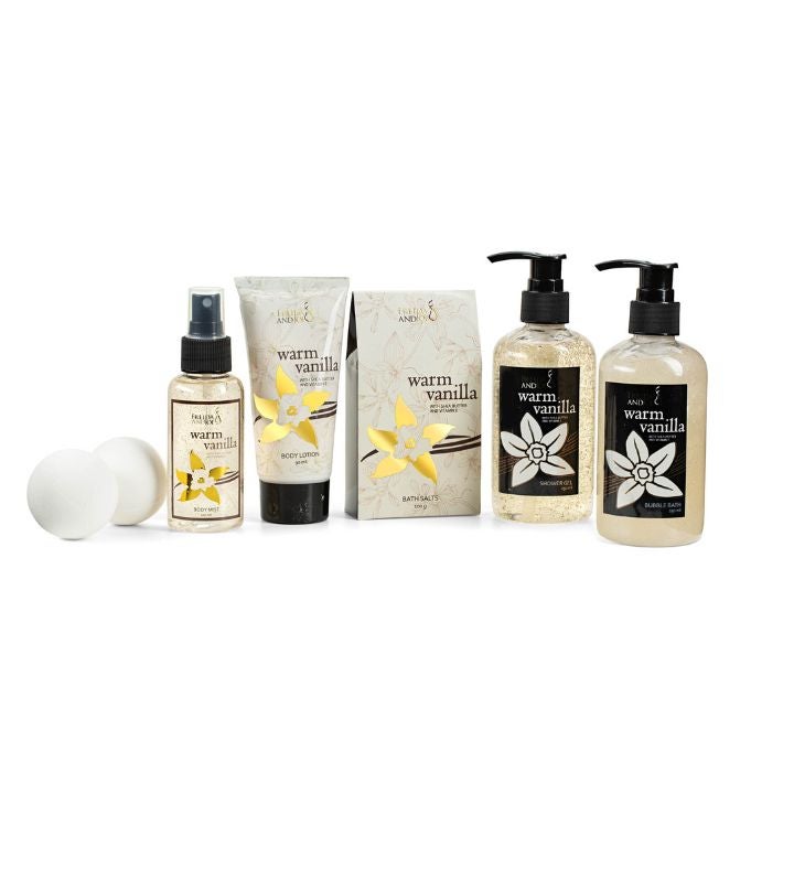 Warm Vanilla Fragrance Bath & Body Gift Set in Gold Basket
