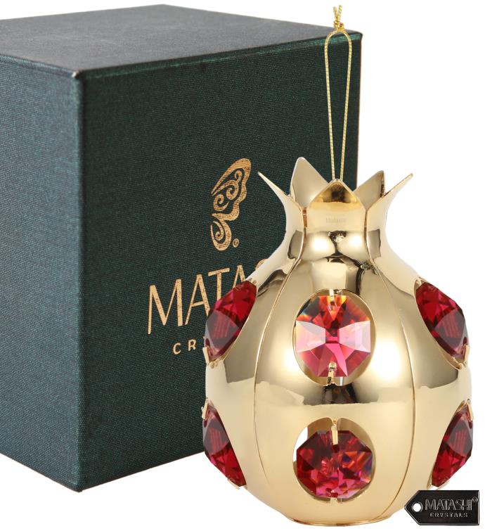 24k Gold Plated Pomegranate Fruit Ornament With Red Crystals By Matashi