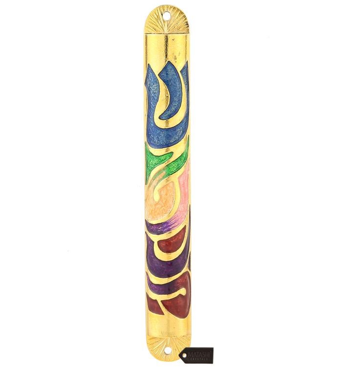  Matashi Gold Hand Painted 6" Enamel Mezuzah W/ Hebrew Shin 