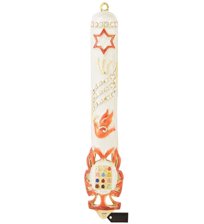 Matashi Hand Painted 5.7" Dove Mezuzah W/ Gold Accents & Crystals