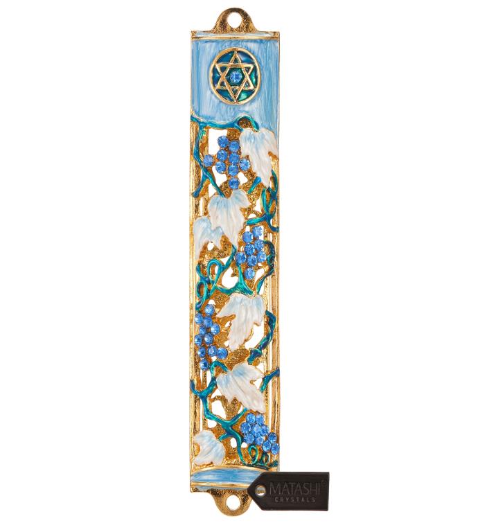 Matashi Hand Painted 6" Enamel Grape Mezuzah W/ Gold Accents & Crystals