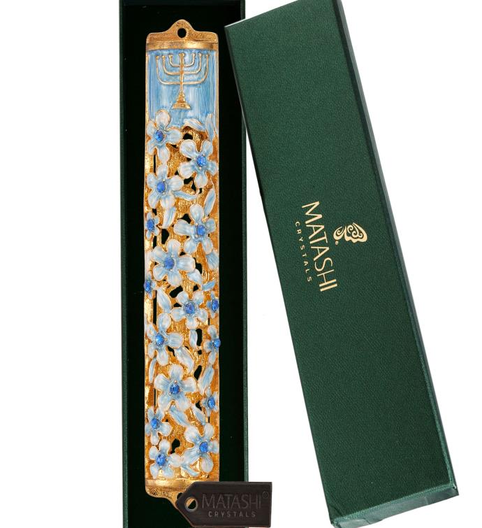 Matashi Hand Painted 5.5" Flower Mezuzah W/ Menorah Design & Crystals