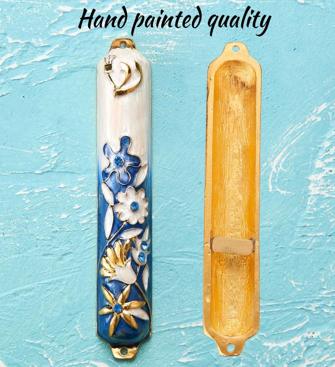 Matashi Hand Painted 5" Enamel Flower Mezuzah W/ Gold Accents & Crystals