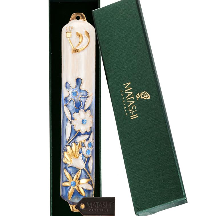 Matashi Hand Painted 5" Enamel Flower Mezuzah W/ Gold Accents & Crystals