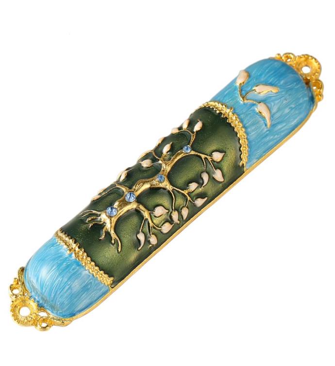 Matashi Hand Painted Enamel Mezuzah W/ A Tree Of Life Design W/ Crystals