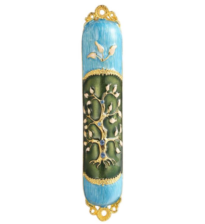 Matashi Hand Painted Enamel Mezuzah W/ A Tree Of Life Design W/ Crystals