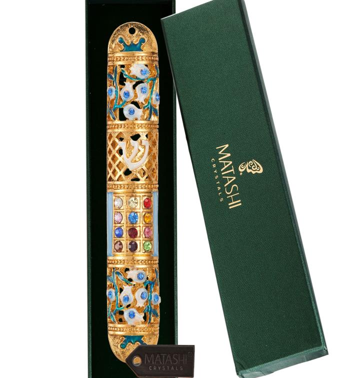 Matashi Hand Painted 6" Enamel Floral Mezuzah W/ Crystals & Gold Accents