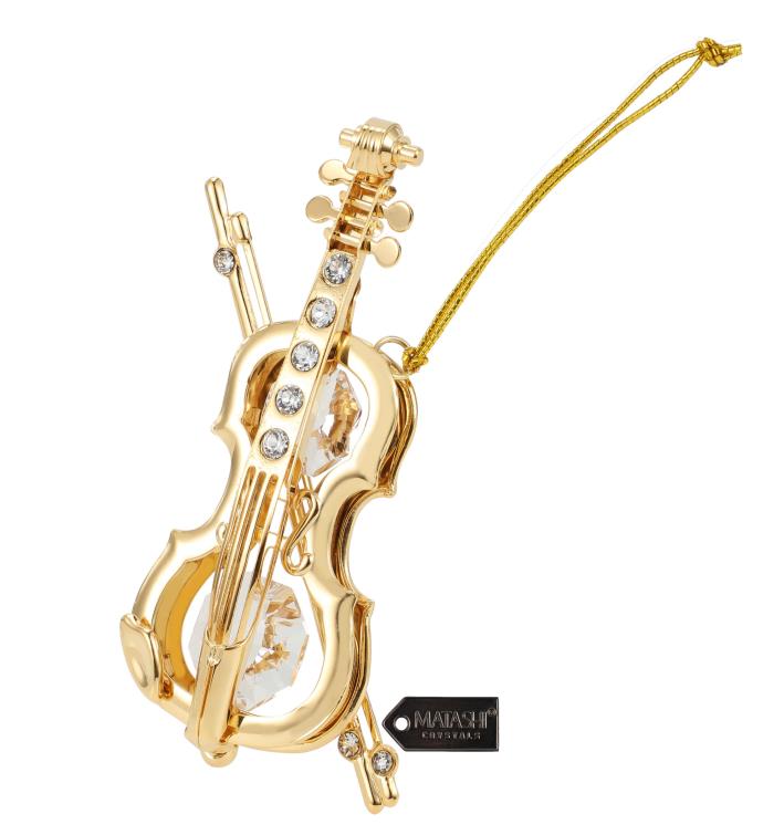 24k Gold Plated Crystal Studded Violin and Bow Ornament