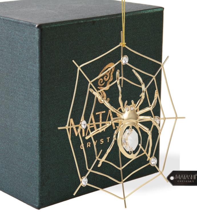 24k Gold Plated Crystal Studded Spider On Spider Web Ornament By Matashi