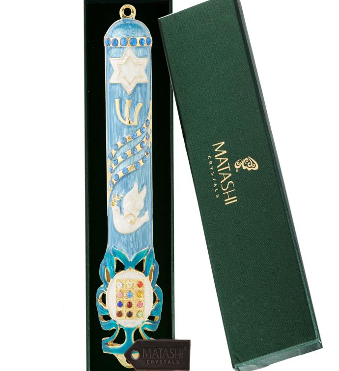 Matashi Hand Painted 5.7" Dove Mezuzah W/ Gold Accents & Crystals