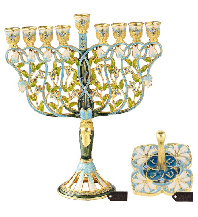 Matashi Hand painted Spinning Dreidel Ornament & Menorah Candelabra