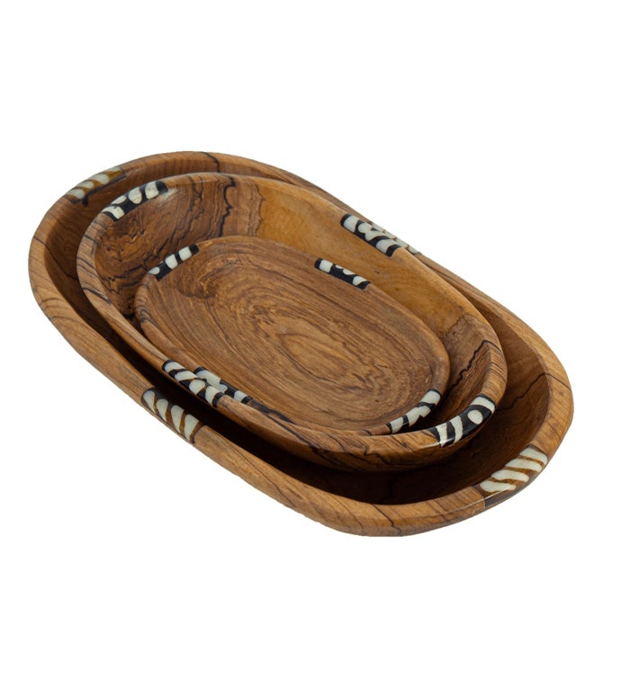 Olive Wood Serving Bowls With Bone Inlay Accent