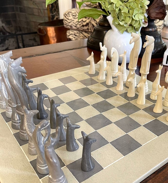 Hand-carved Soapstone Chess Set With Safari Animal Pieces