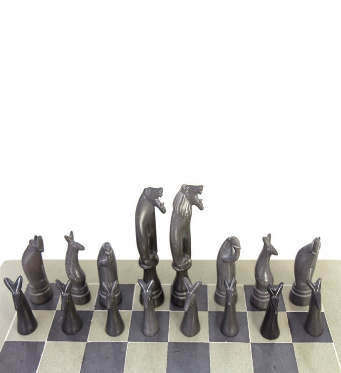 Hand-carved Soapstone Chess Set With Safari Animal Pieces