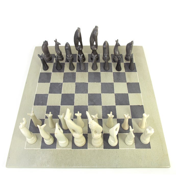 Hand-carved Soapstone Chess Set With Safari Animal Pieces